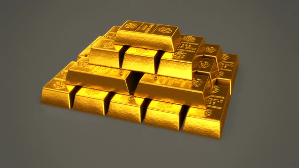 Animation of the stacked golden ingot's pyramid by turning around camera. HD alt
