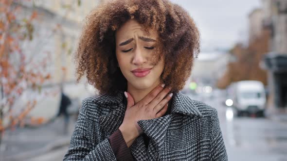 Female Portrait Young Sad Curly African American Girl Woman Feeling Sore Throat Discomfort Coughing alt