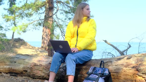 Attractive Student Uses a Laptop Sitting on a Log in the Woods