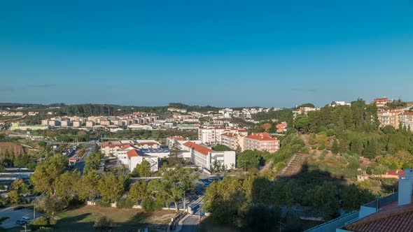 Beautiful Cityscape View of Leiria Early Morning, Portugal Blue Sky alt