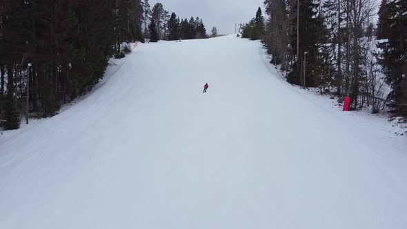 Aerial View of Downhill Skiing at Local Ski Resort. Ski Lift. Russia, Leningrdaskaya Oblast, Village