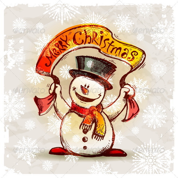 Hand Drawn Snowman With Greeting Banner - Characters Vectors