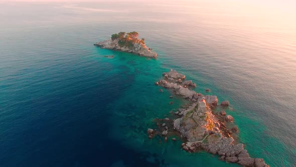 Drone Flight Over The Stone Island Church At Adriatic Sea