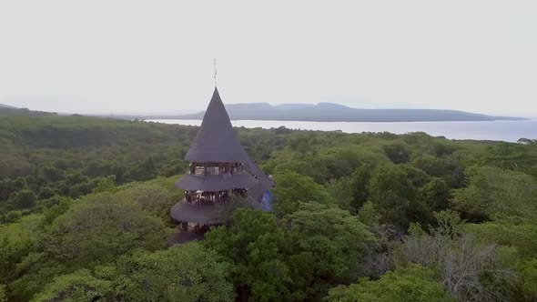 Aerial view of multi-storied pagoda on a elevation terrain, Bali, Indonesia. alt