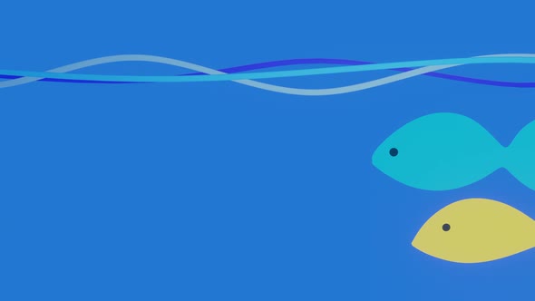 Animated graphics of floating colorful fish in blue water with small waves.