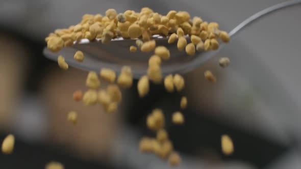 Spoonful Of Granular Bee Pollen Pouring In Slow Motion. close up alt
