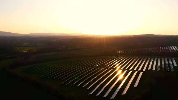 Solar Farm at Sunset Drone 4K