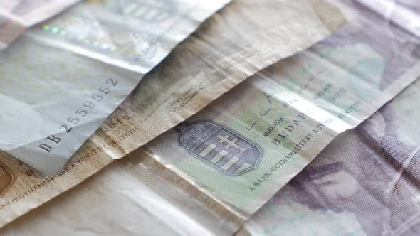 Hungarian forints paper money in a row 4K 2160p UltraHD footage - Slow panning over paper banknotes  alt