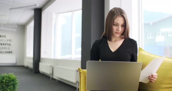 Concerned Woman Working and Thinking Solving Problem at Office, Serious Attractive Female Working alt