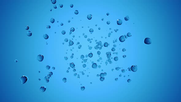 3d animation of huge drops of water, liquid on a blue background.