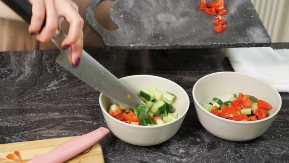 Woman Hands Put Cut Vegetables in Deep Plates Preparing Food alt