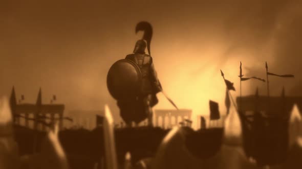 Victorious Greek Champion With A Shield And A Sword in Heroic Pose Surrounded By His Army alt