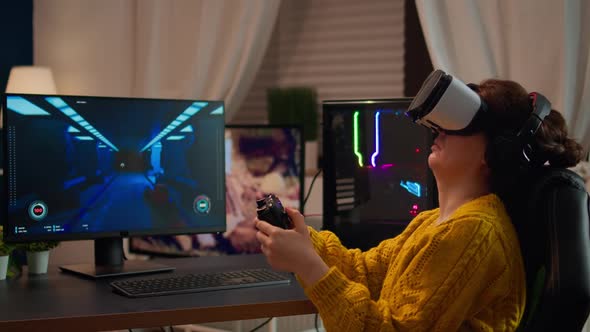 Pro Cyber Sport Gamer Relaxing Playing Video Games Using Vr Headset alt