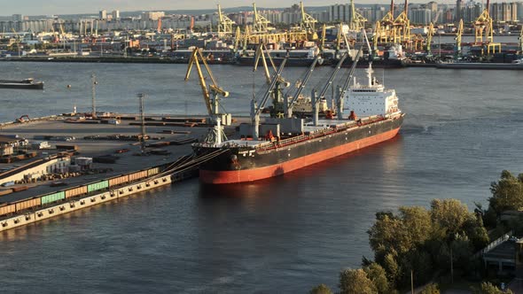 Aerial Vie of Cargo Ship Unloading in the Port