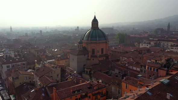 Flight over the Cathedral of Oratorio dei Battuti. Bologna, Italy
