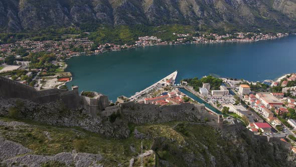 Aerial Shot of the Fortress St John San Giovanni Over the Old Town of Kotor the Famous Tourist Spot alt