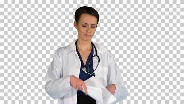 Beautiful young doctor throwing paper, Alpha Channel alt