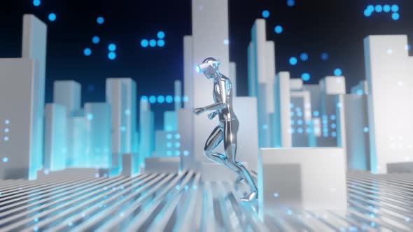 A person wearing vr glasses runs in a virtual world. alt