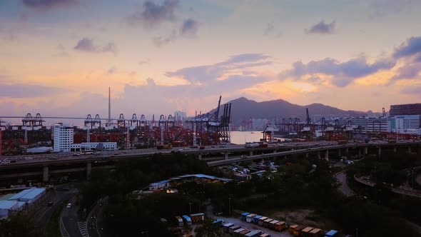 Aerial Sunset View of Hong Kong Kwai Chung Container Terminal, Highway 3, Highway 5, and Stonecutter alt