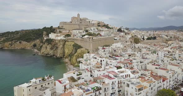 Awsome Aerial Fotage of Ibiza, Spain Old Town Castle and Buildings. Drone Flies Up