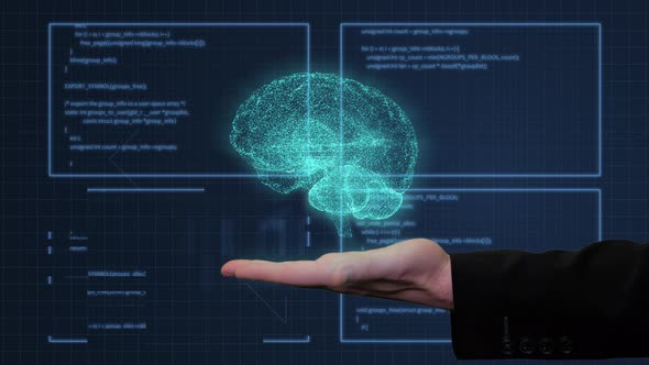 Digital Brain Hologram Appears Above Male Hand In Black Suit With Hud Background 