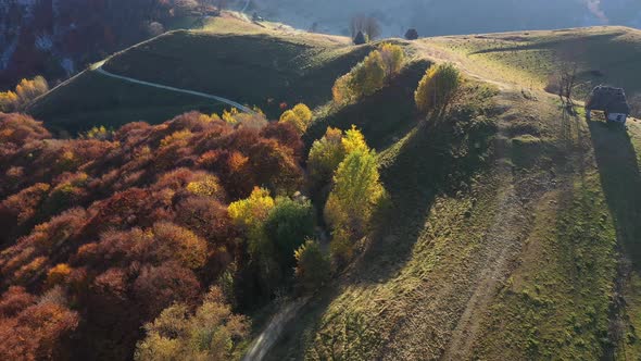 Flying Above Autumn Countryside Landscape With Wooden Houses, Thatched Roof and Dirt Road  alt