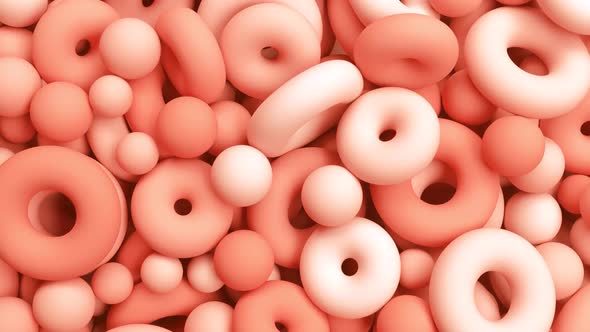Pan Over a Lot of Geometric Objects  Donuts and Spheres in Calming Coral Color alt