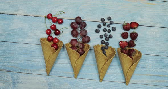 Berry and Fruit Ice Cream. Blueberry, Strawberry, Cherry, Grape in a Waffle alt