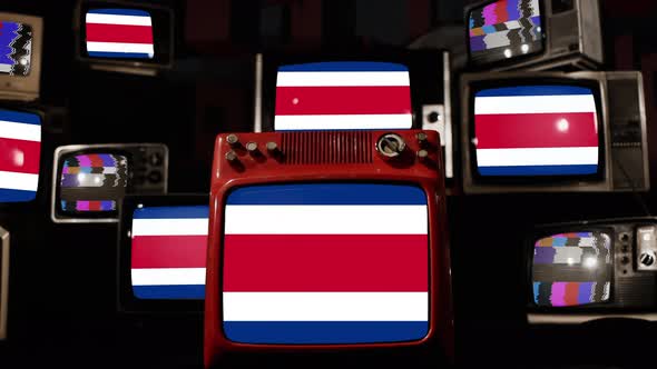 Flag of Costa Rica on Retro TVs. 4K.