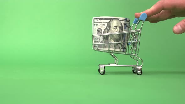Shopping Cart with One Hundred Dollar Banknote on Green Background Buying Currency