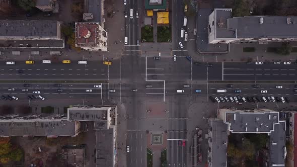 Aerial top view of transportation. Rush hour traffic shot from above. Hyperlapse time-lapse traffic