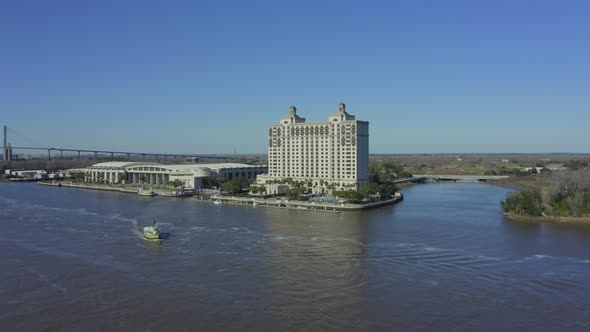 Aerial view of the Savannah River and its waterfront corporate properties alt