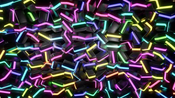 Looped Geometric Background with Neon Light Black Blocks Like Light Bulbs with Multicolor Light alt