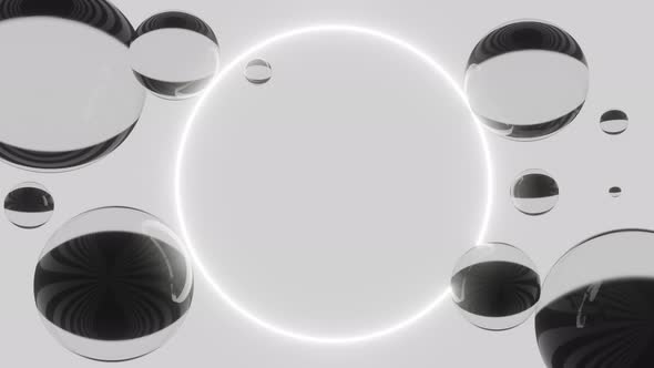 3D Glass Spheres with Glow Neon Ring in the Middle. Gray Background