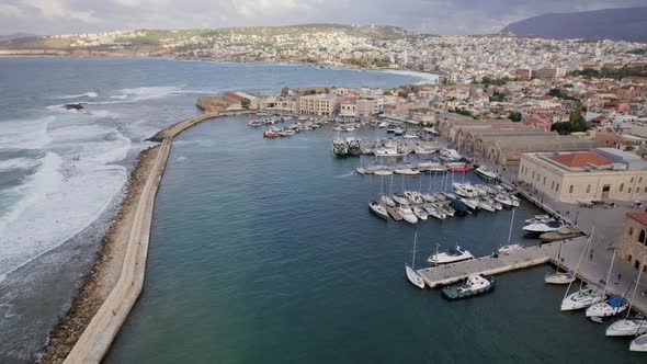 Drone Aerial panoramic view of iconic and picturesque Venetian old port of Chania alt