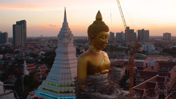 Aerial View of Wat Paknam Bhasicharoen, a Temple, Pagoda and Buddha Statue in Bangkok Thailand alt