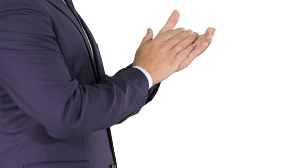 Business man clapping hands on white background. alt
