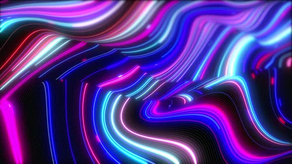Animated colorful neon fluorescent curves moving on the dark strip background 4k alt