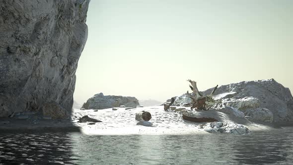 Stone Cliffs and Broun Sand at the Ocean Coastline alt