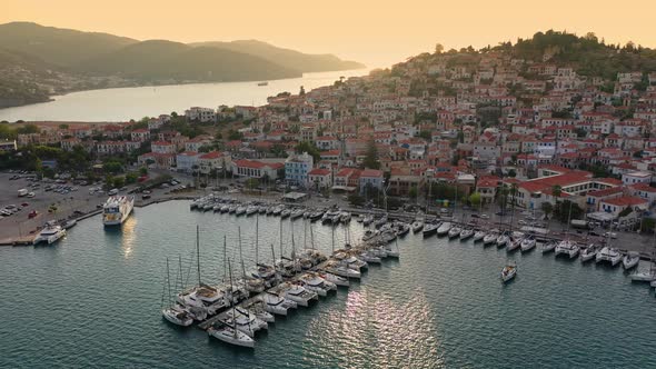 Aerial View of Poros Old Town and Marina or Seaport Greece  Drone Videography alt