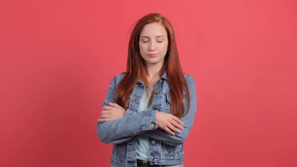 Sleepy Bored Girl Looking at the Room Indifferently, Leaning on Her Hand. alt