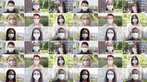 Compilation  Group of Multicultural People with Face Mask Looks at the Camera  Closeup alt