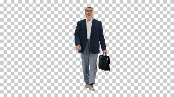 Senior business man walking with briefcase, Alpha Channel alt