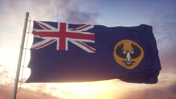 South Australia State Flag Australia Waving in the Wind Sky and Sun Background alt