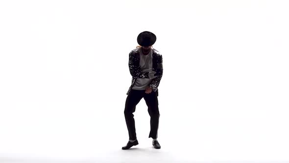 Young Stylish Teenager Is Showing Dance Moves Like Michael Jackson. Isolated Over White Background. alt