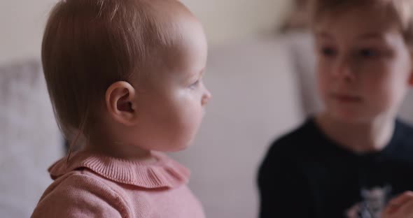 Family Eating Breakfast Little Girl Chewing Food alt