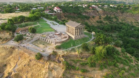 Aerial footage Garni temple in Armenia.  alt