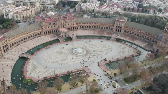 Stunning Spain Square or Plaza De Espana in Seville. Touristic landmark aerial view