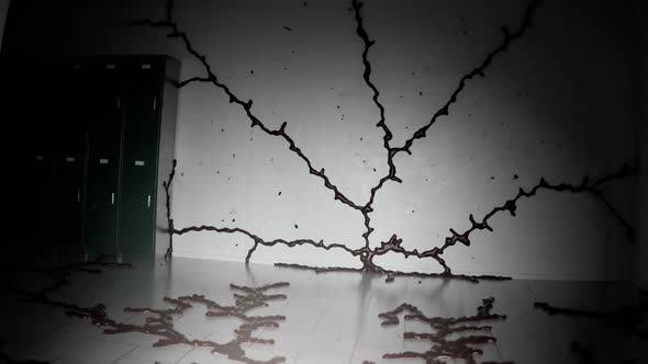 A horror movie scene of run in school. Empty corridor with the dark red stuff. alt