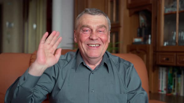 Happy senior 60s grandfather look and talk to camera home video calling recording vlog